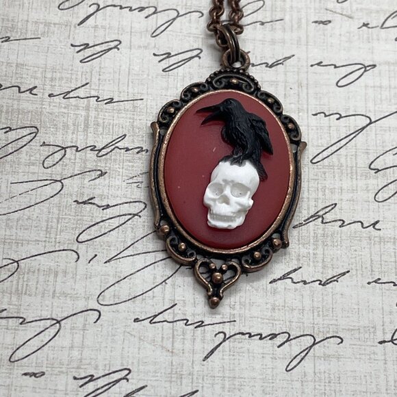 ROSE Gold Red Gothic Crow Raven Rose Skull Wedding Party Jewelry necklace Cameo - Picture 9 of 11